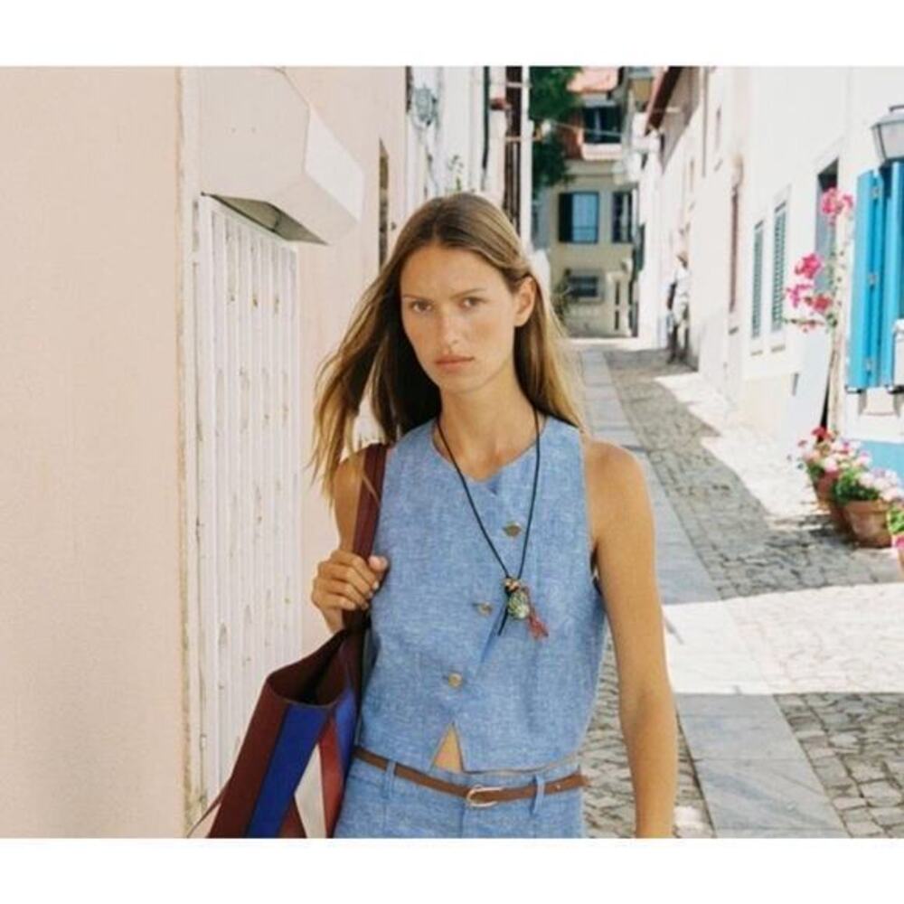 Zara Vest Blue Chambray Gold Buttons Boho Summer Womens XL
